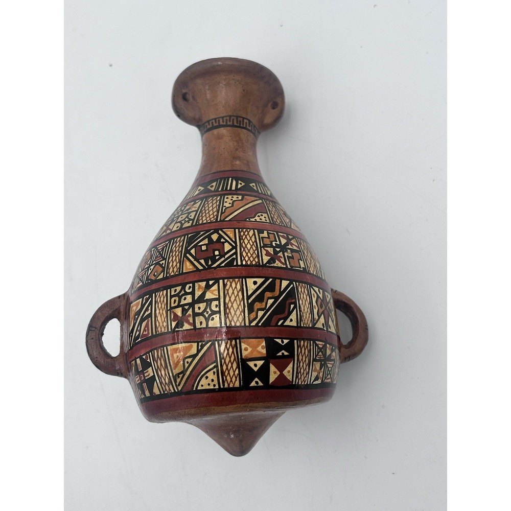 Hand-Painted Peruvian Pottery Aryballos Vase Tribal Warrior Art 8" Double Handle